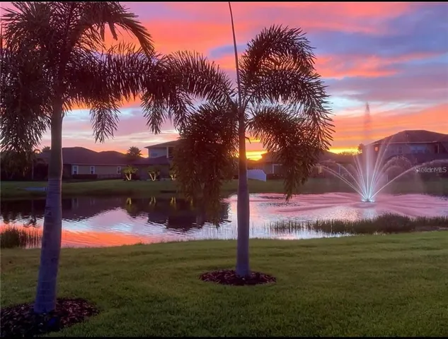 a view of a house with a yard and potted plants