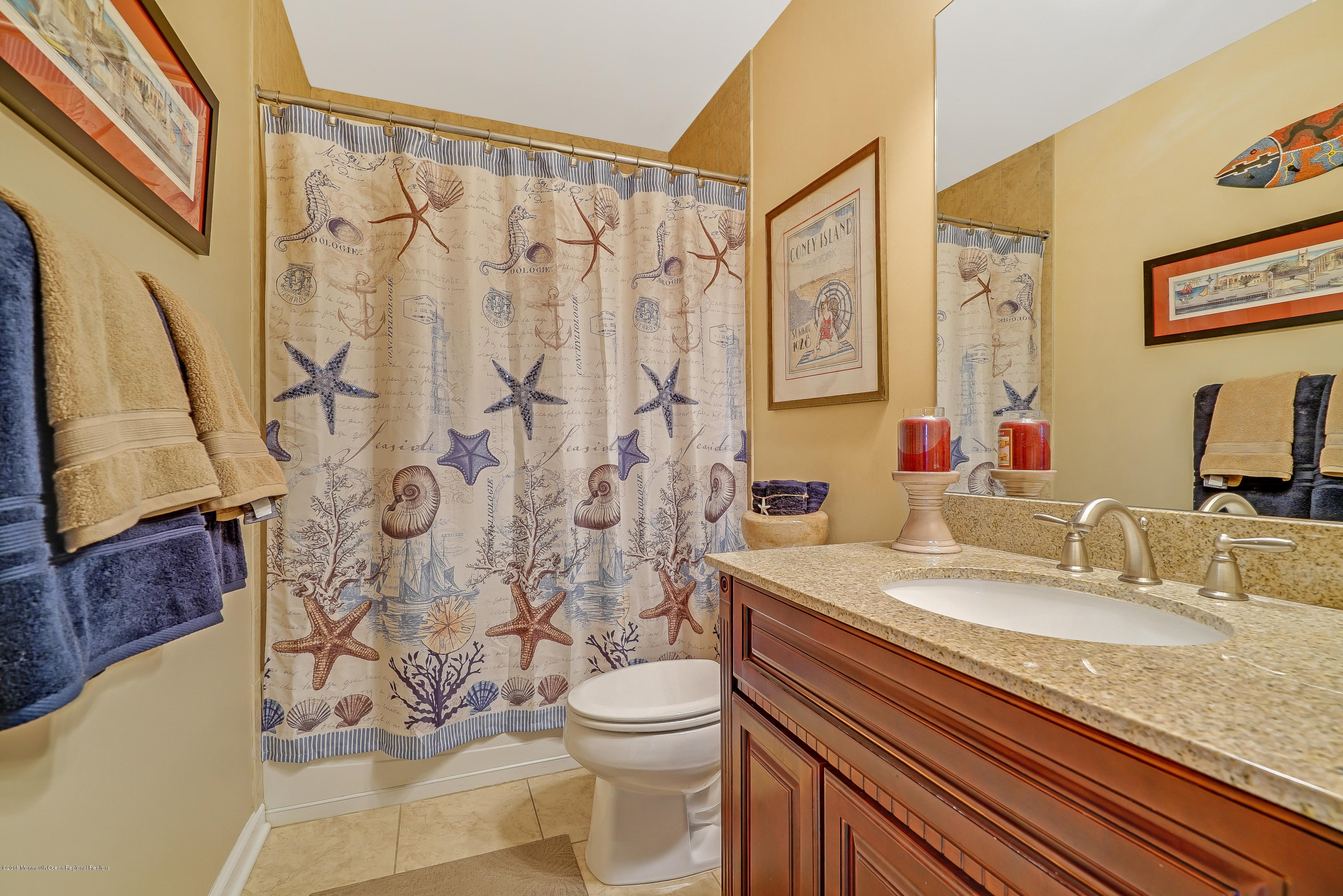 18 Mariners Bend Brielle, NJ 08730 - Photo 23 of 31 a bathroom with a granite countertop sink a toilet and a shower curtain