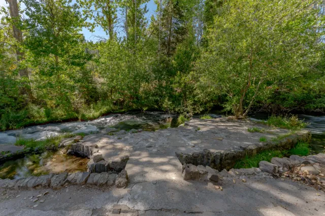 an aerial view of residential house with outdoor space and trees all around