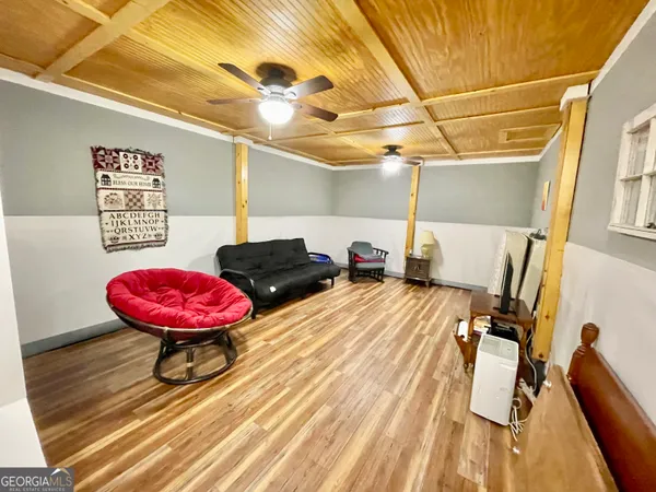 a view of a room with shelves