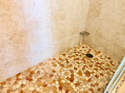 a bathroom with a shower curtain