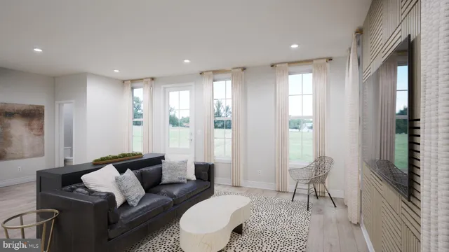 a living room with furniture and a rug