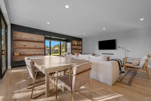 a view of a dining room with furniture