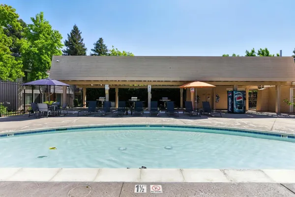 a view of a swimming pool with a lounge chairs