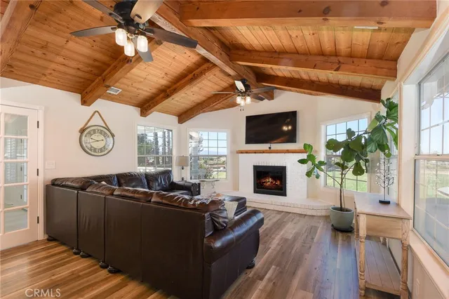 a living room with furniture a fireplace and a flat screen tv