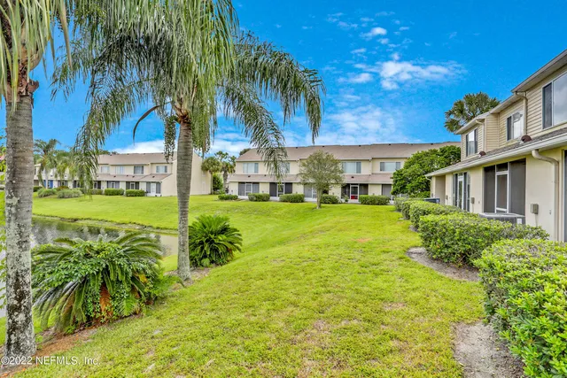 a view of a yard with palm plants