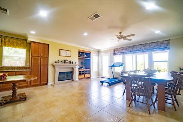 a living room with furniture a fireplace and a floor to ceiling window