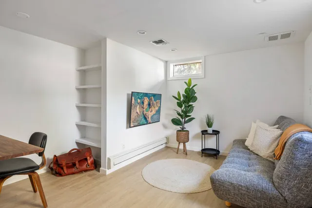 a living room with furniture and a potted plant