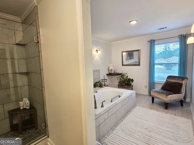 a bathroom with a bathtub and a toilet