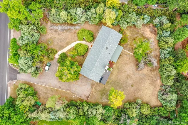 an aerial view of a house with a yard and a large tree