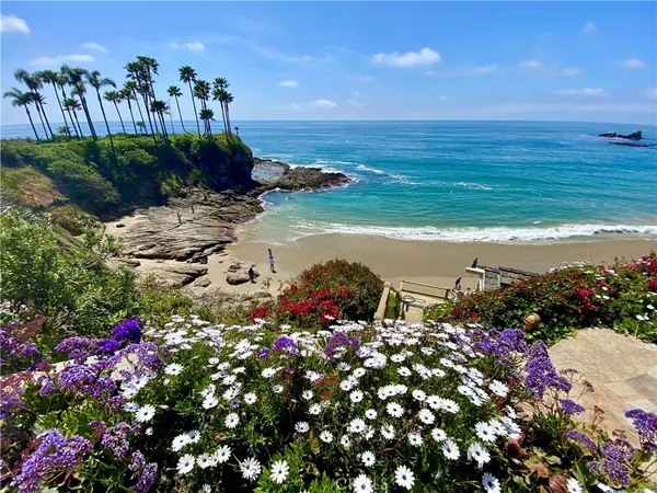 a view of a pathway with a flower garden