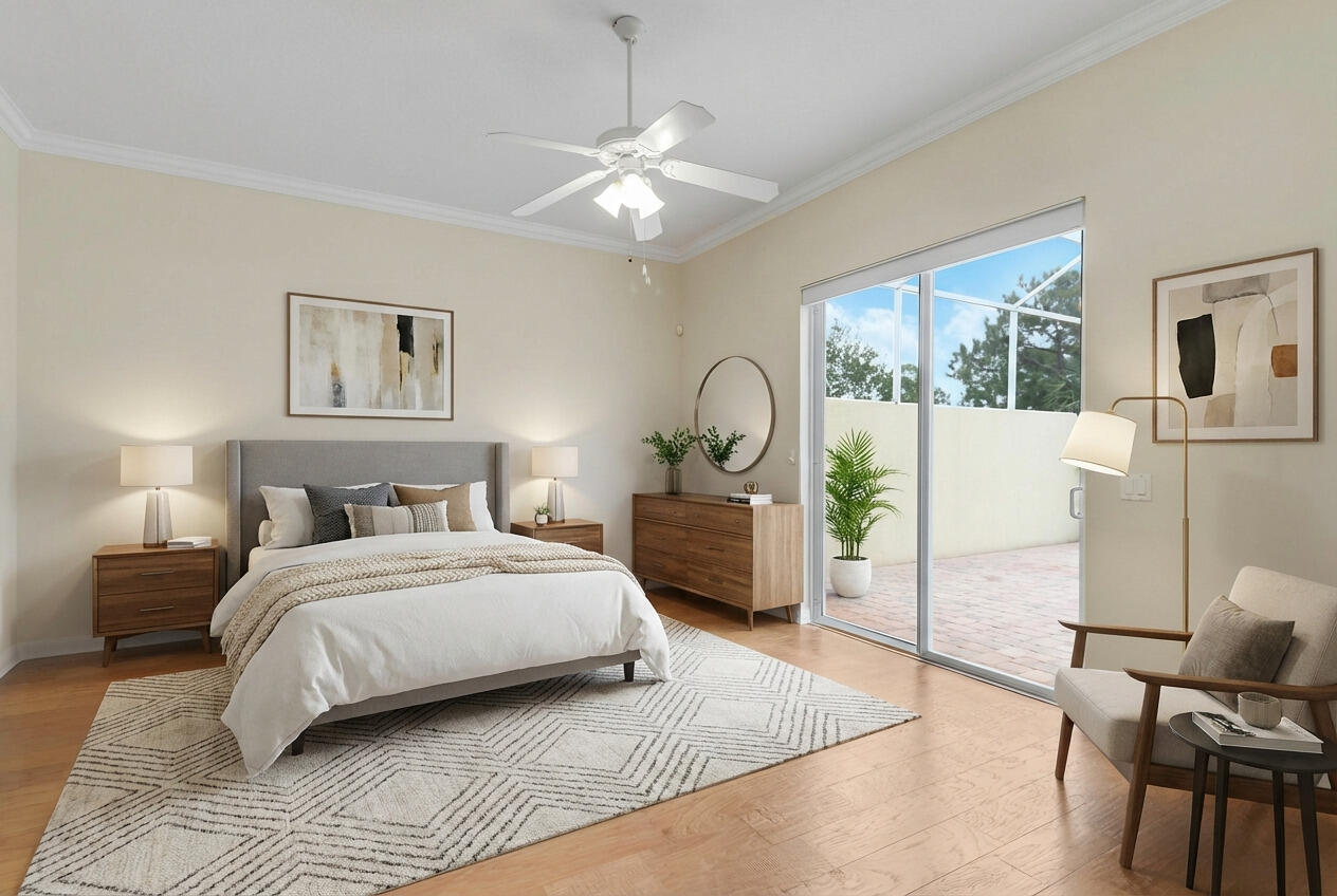 8657 Southeast Nicolete Lane Hobe Sound, FL 33455 - Photo 22 of 50 a bedroom with a large bed and a chandelier