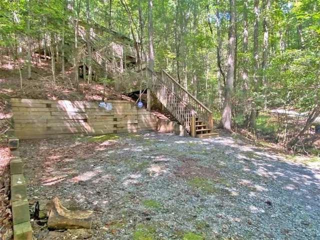 a view of outdoor space with trees all around