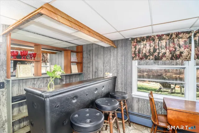 a garden view with a seating space