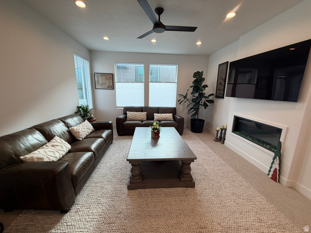 545 East 7215 South Midvale, UT 84047 - Photo 11 of 27 Living room with carpet, recessed lighting, and ceiling fan