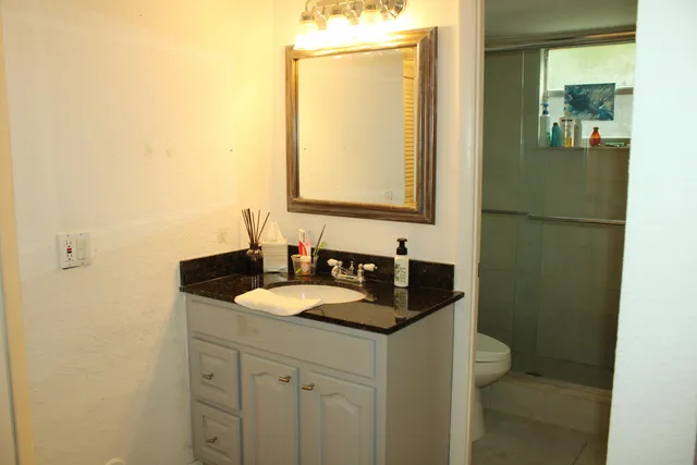 a bathroom with a granite countertop sink and a mirror