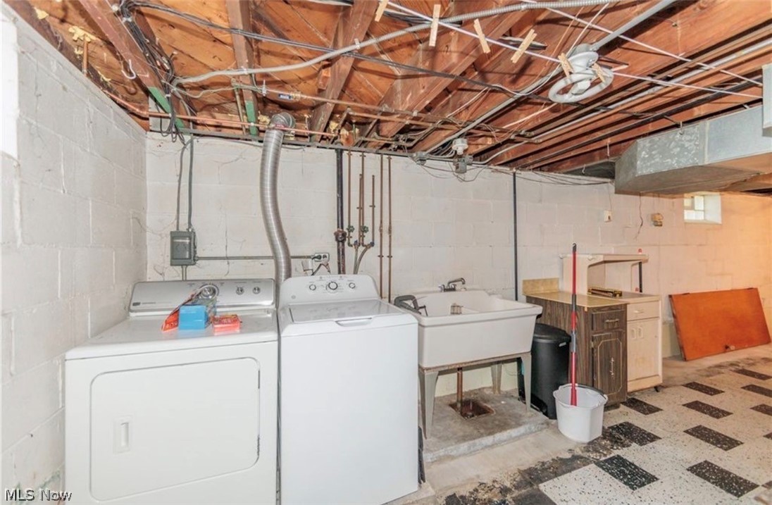 4521 Emerson Road South Euclid, OH 44121 - Photo 34 of 47 Basement laundry area featuring concrete block walls, a utility sink, and exposed ceiling joists
