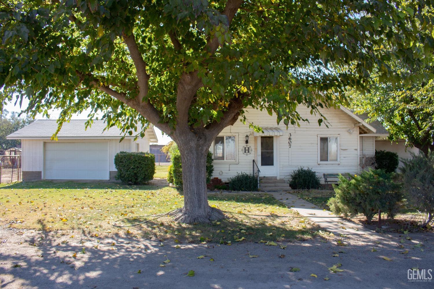 a view of a yard with a house and a large tree