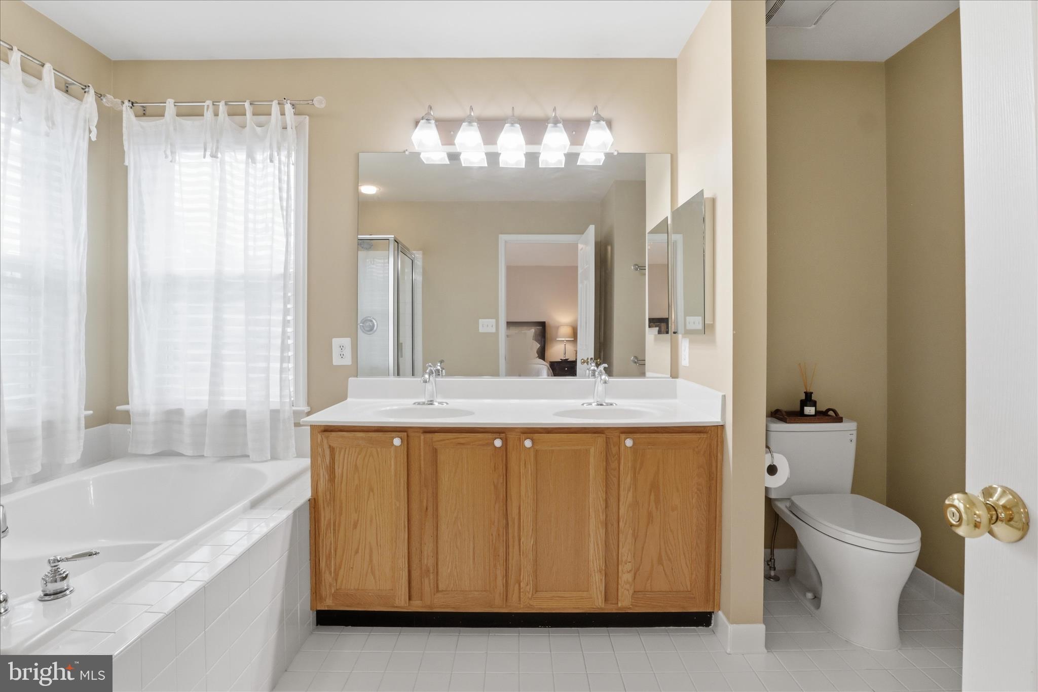 25352 Ripleys Field Drive Chantilly, VA 20152 - Photo 19 of 54 a bathroom with a granite countertop sink a toilet a mirror a bathtub and shower