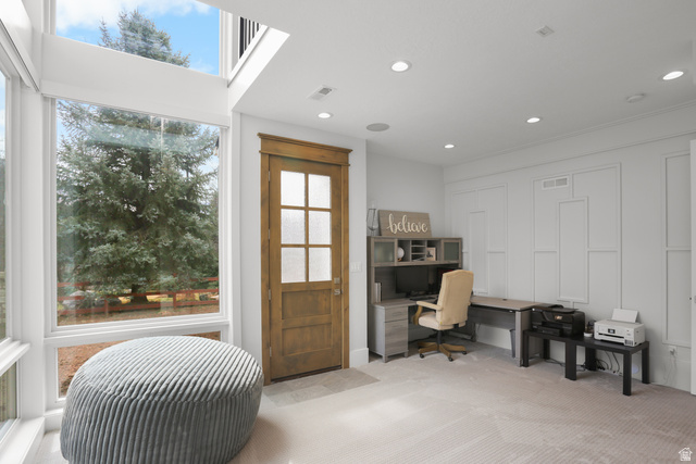 1354 South 800 East Mapleton, UT 84664 - Photo 79 of 129 Office featuring light colored carpet, recessed lighting, and built in desk