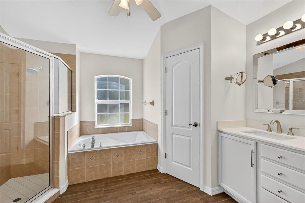 2113 Wolf Ridge Lane Mount Dora, FL 32757 - Photo 28 of 49 a bathroom with a tub a sink and mirrors
