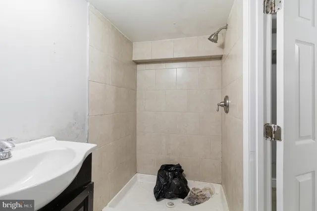 a bathroom with a sink and a shower