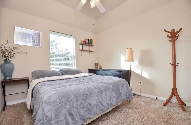 a bedroom with a bed and a desk