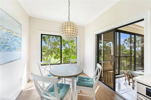 a view of a dining room with furniture window and outside view