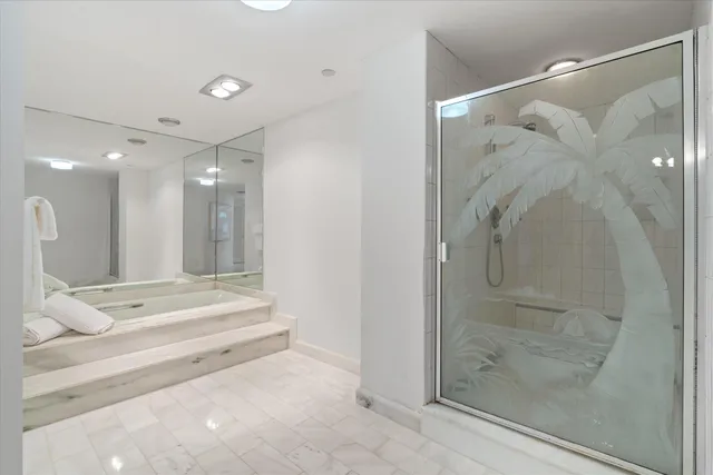a bathroom with a shower and a mirror