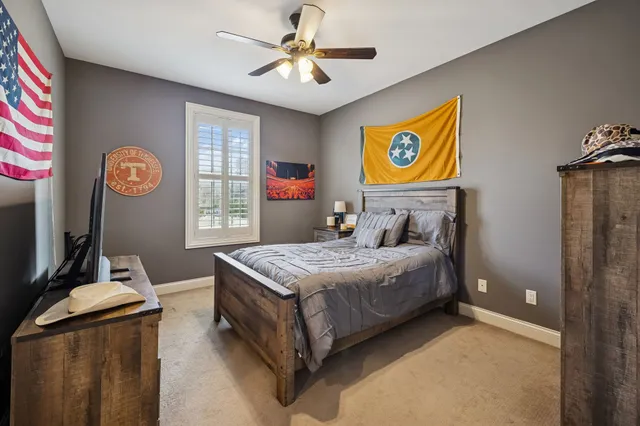 a bedroom with a bed and a chandelier