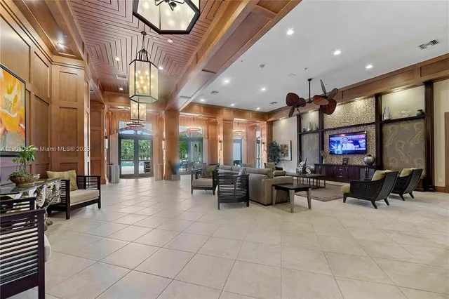 a lobby with furniture