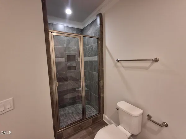 a bathroom with a shower and toilet