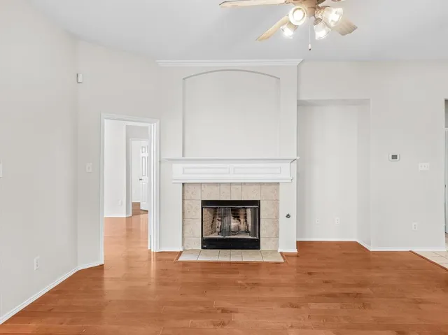 a living room with a fireplace
