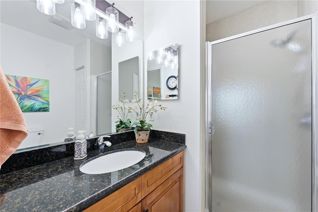 8405 Placida Road, Unit 204 Placida, FL 33946 - Photo 29 of 49 a bathroom with a granite countertop sink a mirror and a shower