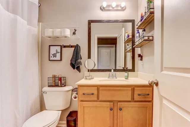 a bathroom with a toilet sink and mirror