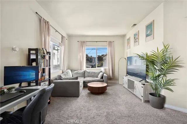 a living room with furniture and a potted plant