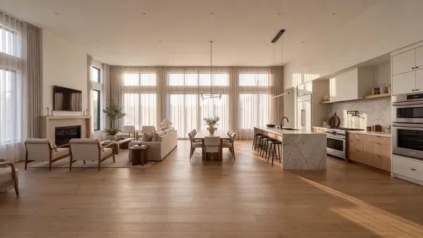 a living room with fireplace furniture and a large window