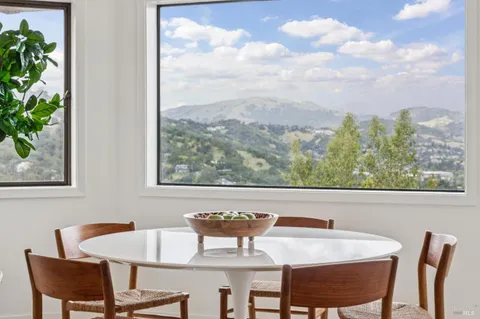 a view of a dining room with furniture and a potted plant
