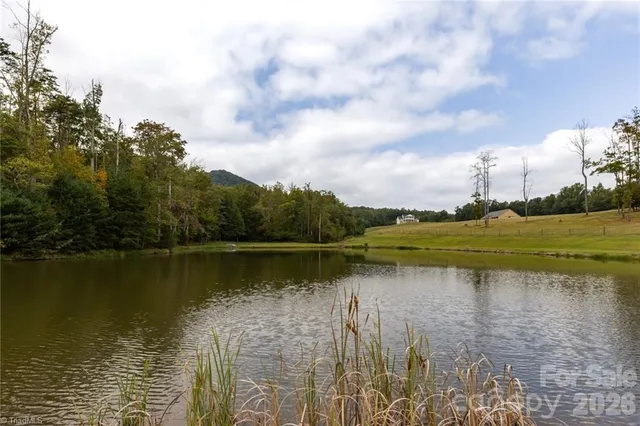 a view of a lake with houses in the back