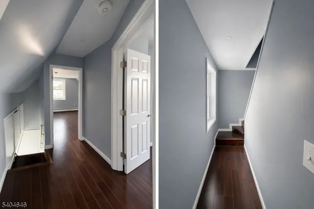 a view of a hallway with wooden floor and stairs