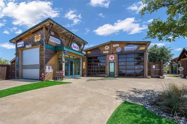 an outdoor space with seating area