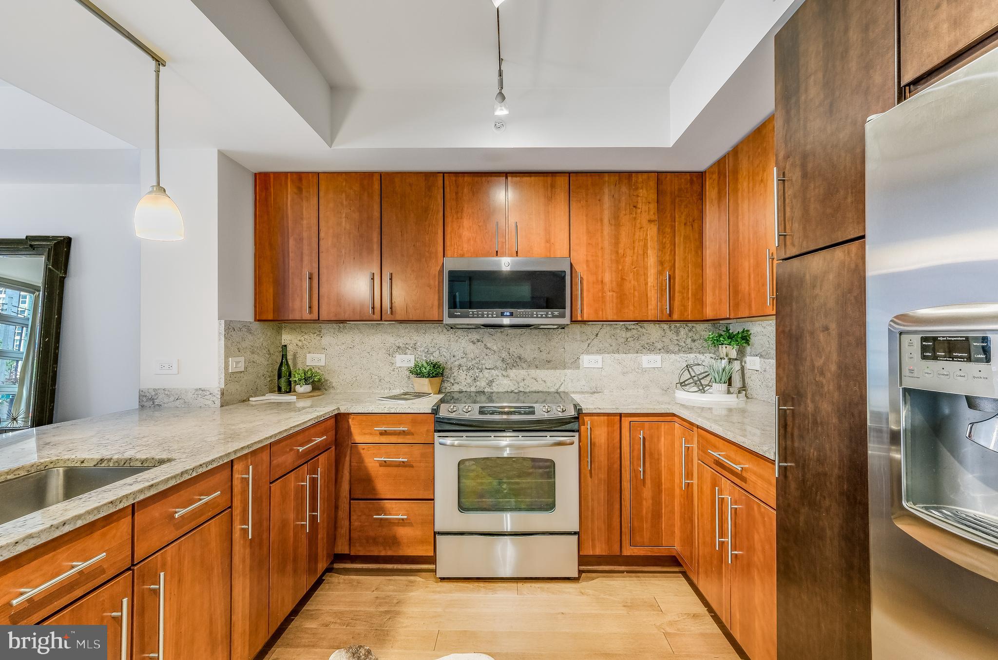1025 First Street Southeast, Unit 201 Washington, DC 20003 - Photo 10 of 31 a kitchen with stainless steel appliances granite countertop a stove a sink and a microwave