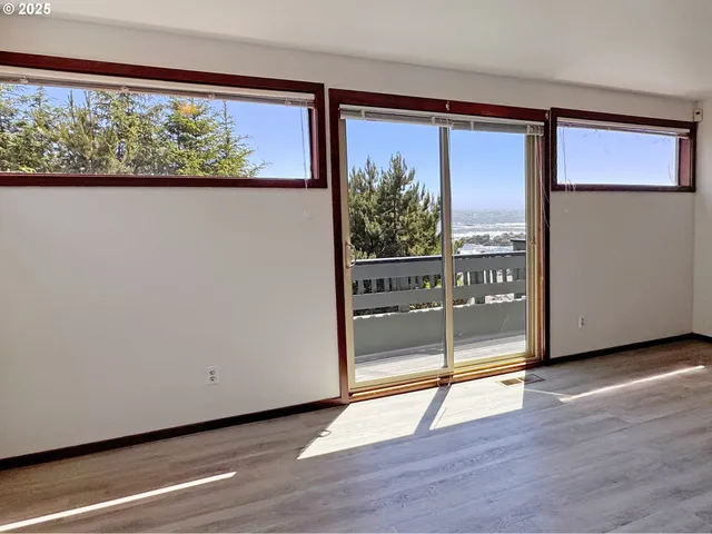 a view of empty room with window and wooden floor