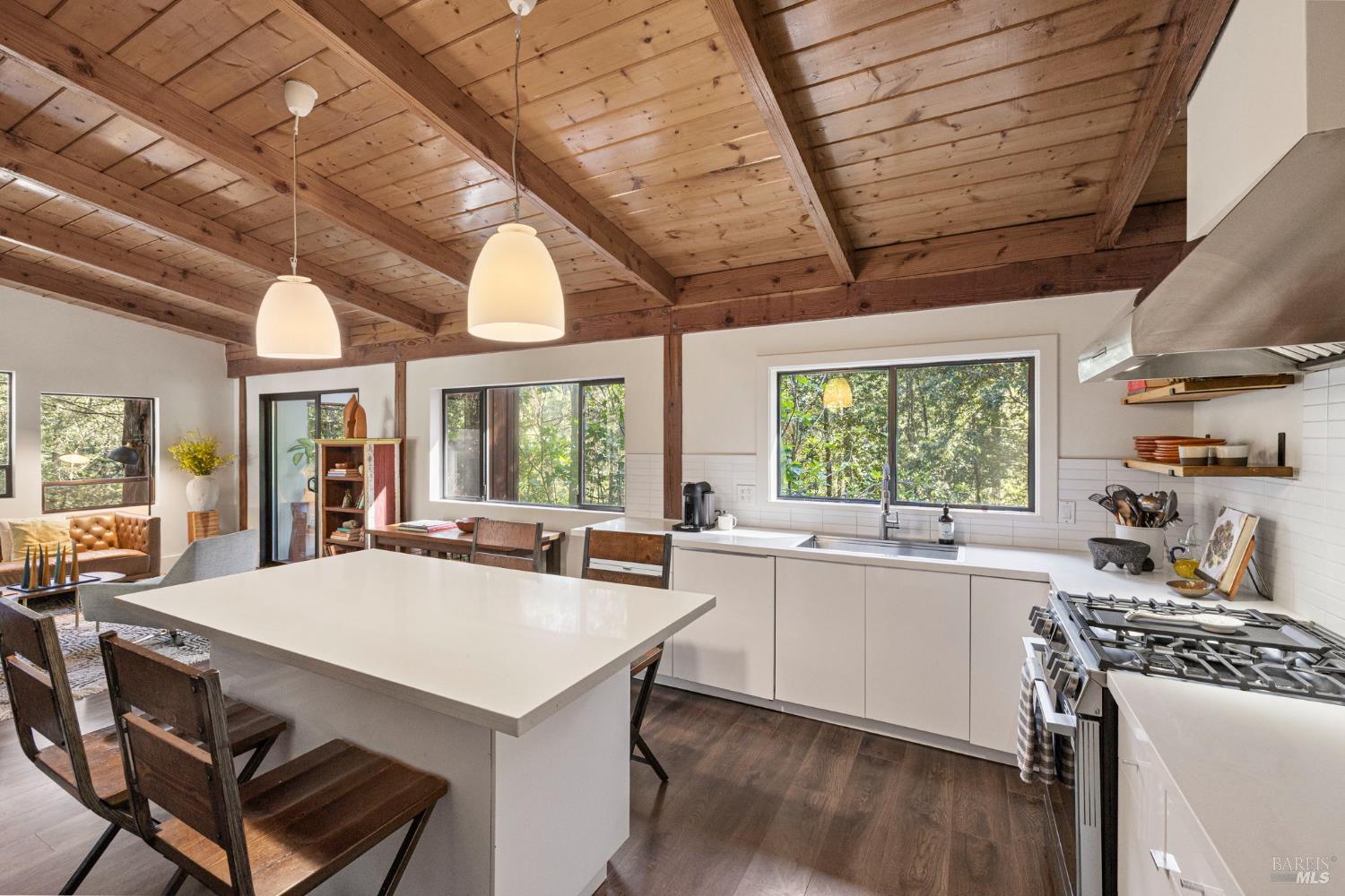 16798 Armstrong Woods Road Guerneville, CA 95446 - Photo 17 of 71 a kitchen with a stove a sink a dining table and chairs with wooden floor