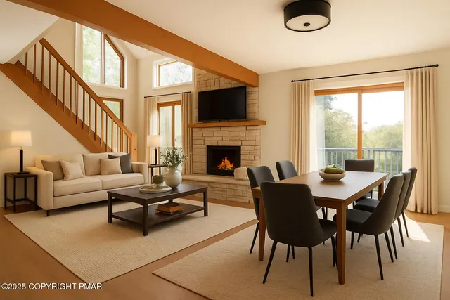 a living room with furniture a flat screen tv and a fireplace
