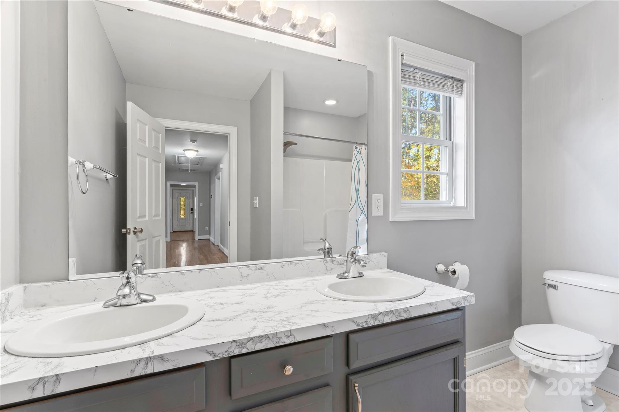 8450 Red Road Rockwell, NC 28138 - Photo 34 of 48 a bathroom with a granite countertop sink a toilet and a mirror