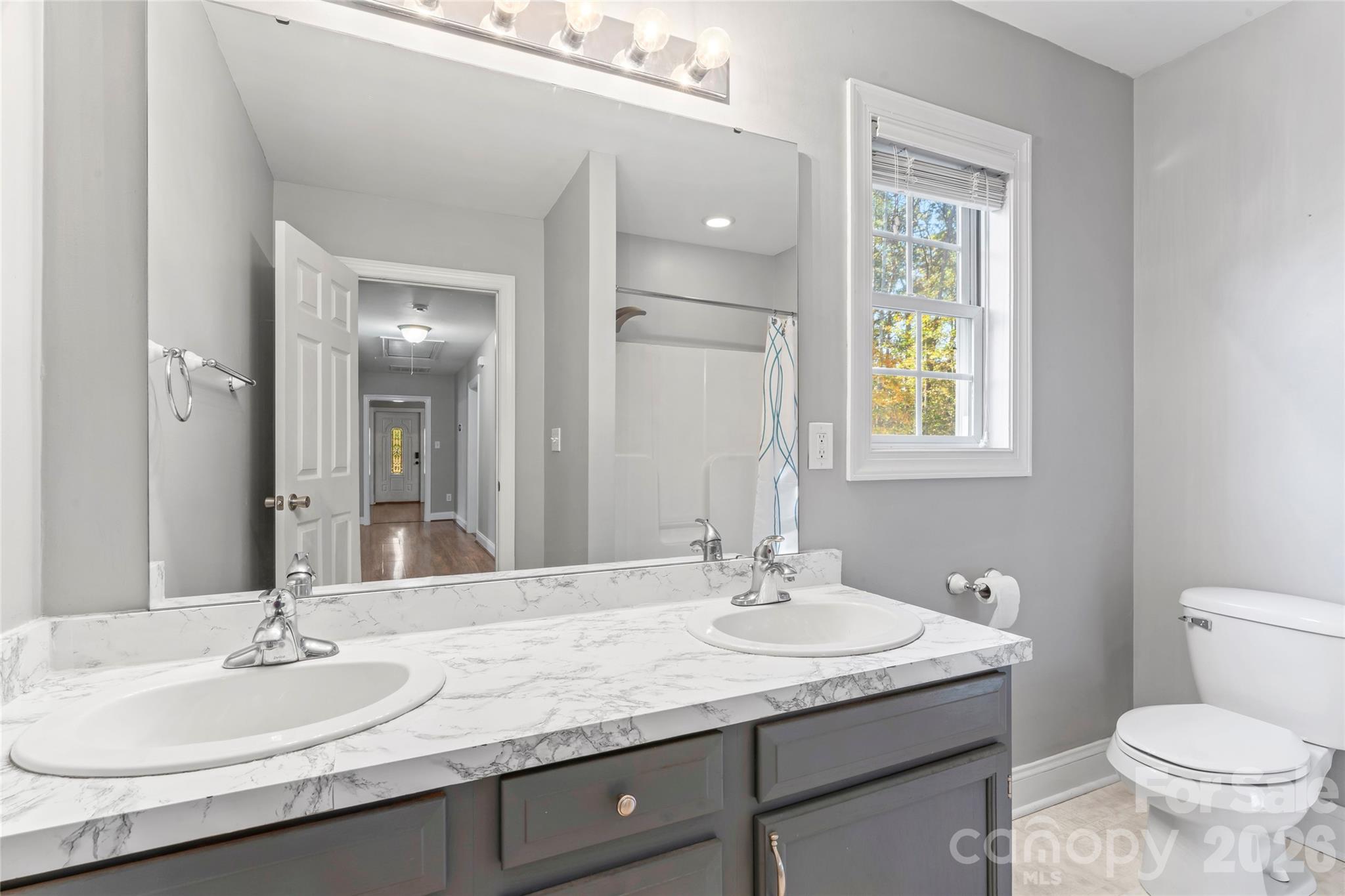 8450 Red Road Rockwell, NC 28138 - Photo 34 of 48 a bathroom with a granite countertop sink a toilet and a mirror