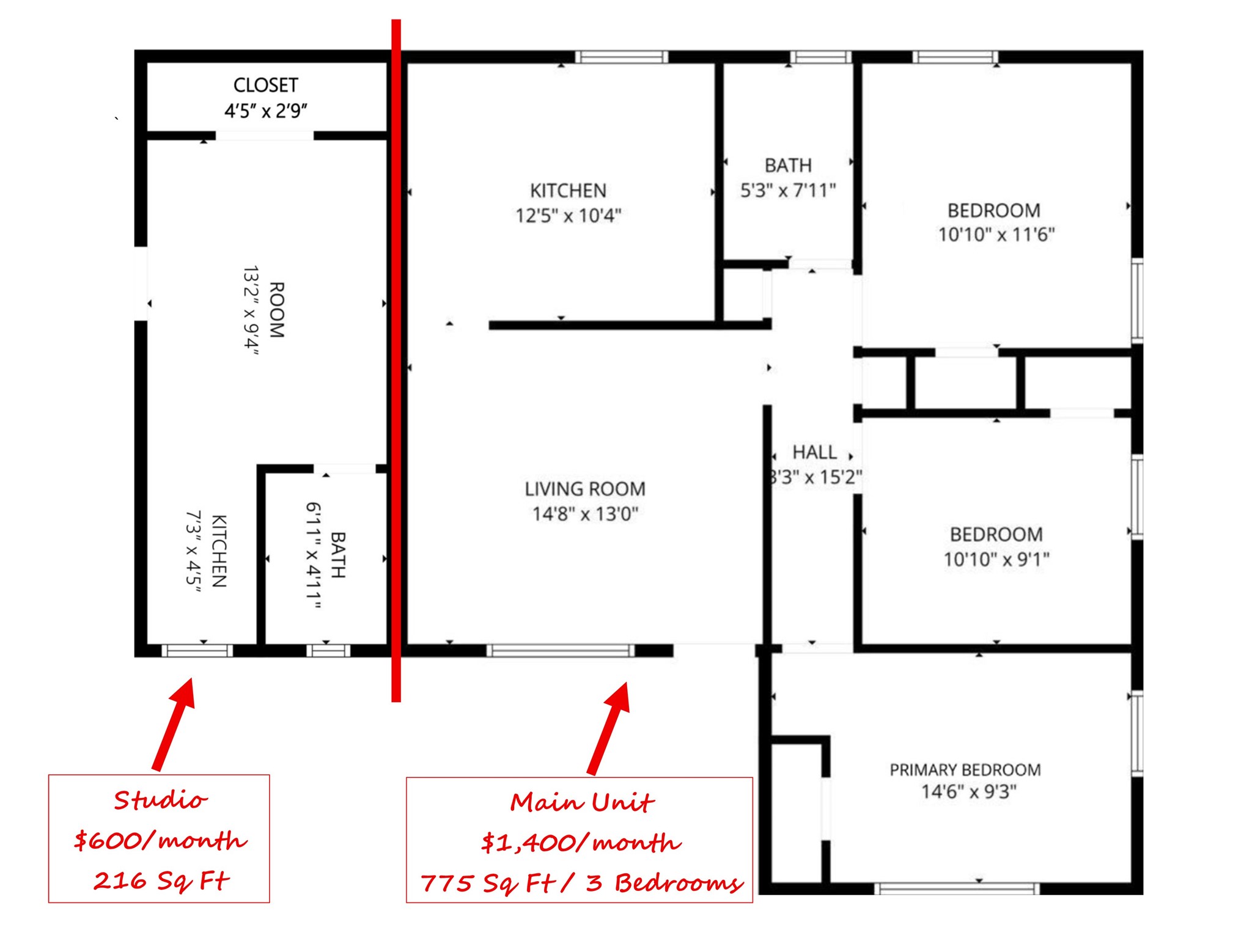3507 Good Hope Street Houston, TX 77021 - Photo 12 of 12 The floorplan of the entire house with the studio located on the left side and the main unit located on the right side of the house.