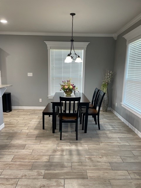 6959 Halter Loop College Station, TX 77845 - Photo 15 of 22 Dining room with healthy amount of natural light, baseboards, light wood-style floors, ornamental molding, and recessed lighting