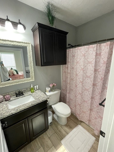 6959 Halter Loop College Station, TX 77845 - Photo 18 of 22 Bathroom featuring wood finished floors, vanity, toilet, and a shower with curtain